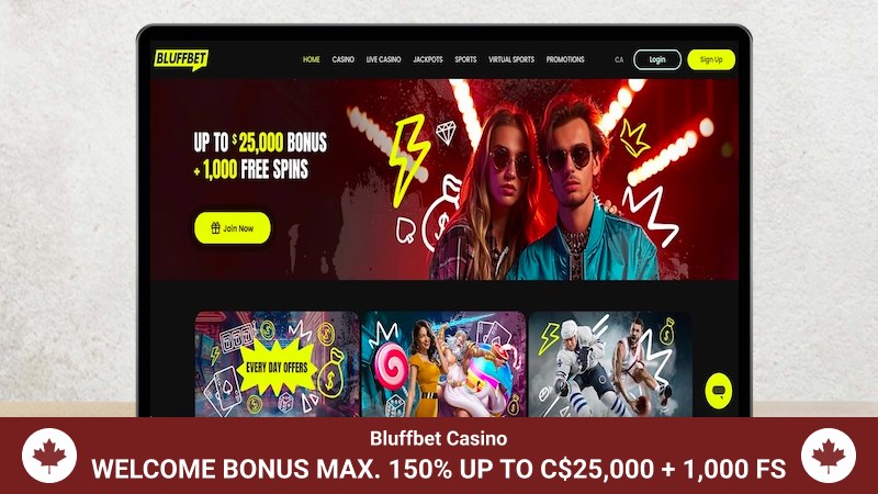 Main page of Bluffbet Casino with a welcoming bonus banner