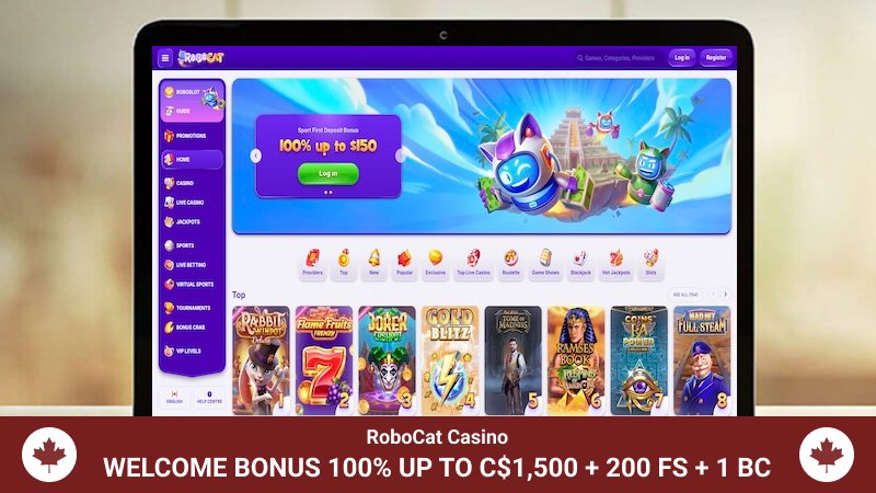 Main page of RoboCat Casino displaying bonus offer details