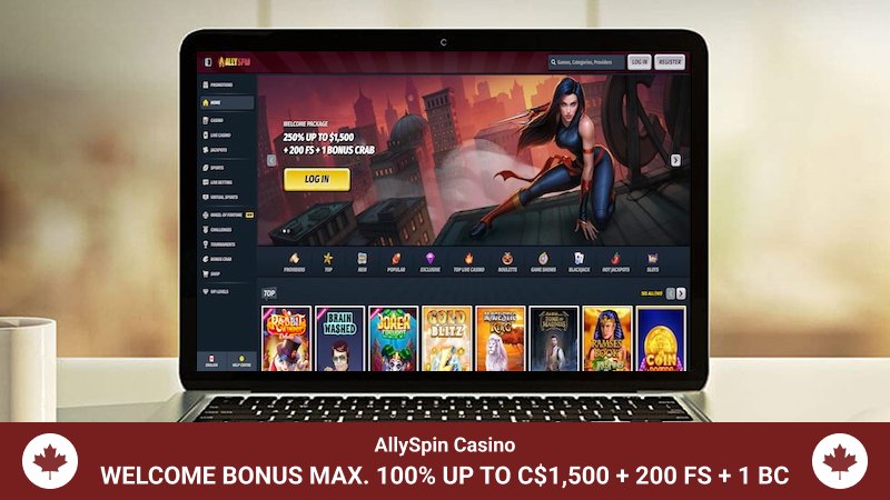 Main page of AllySpin Casino featuring a banner about bonus offerings