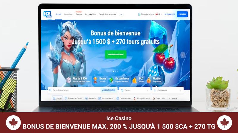 Page d'accueil de l'Ice Casino affichée sur un écran d'ordinateur portable.