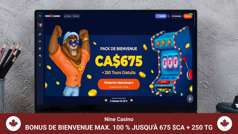 Page d'accueil du Nine Casino affichée sur un écran d'ordinateur portable.