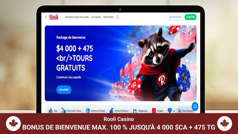 Page d'accueil du Casino Rooli affichée sur un écran d'ordinateur portable.