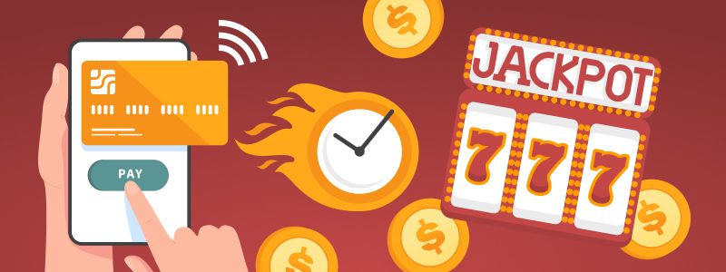 Un doigt pressant sur le bouton 'payer' sur un écran de téléphone, tandis qu'une image de jackpot 777 apparaît.