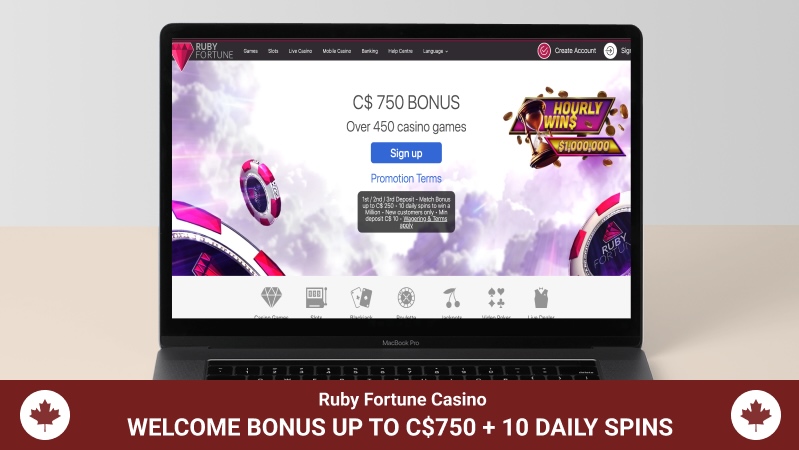 Ruby Fortune Casino webpage with the footer highlighting the welcome bonus package