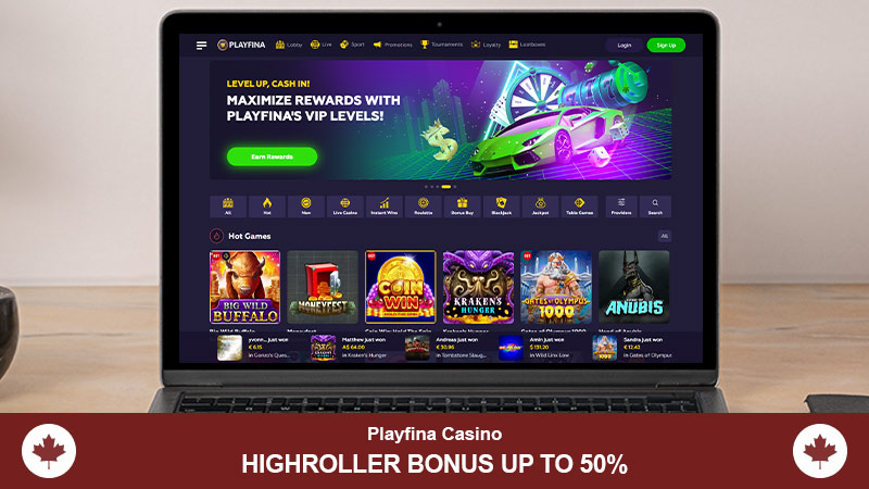 Take advantage of a bonus of up to 50% on deposits of C$1,460 and above for high roller players
