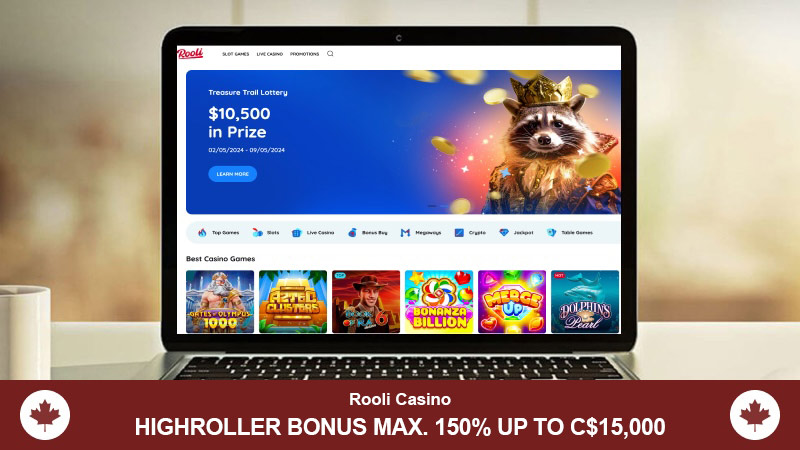Rooli is a  <strong>recently launched online casino by Dama N.V.</strong>  in 2024, offering a standard welcome bonus of C$4,000 plus 475 free spins for new players. High rollers can anticipate a VIP bonus of up to C$15,000 on their first two deposits of over C$750 using the ‘ELITE’ bonus code.