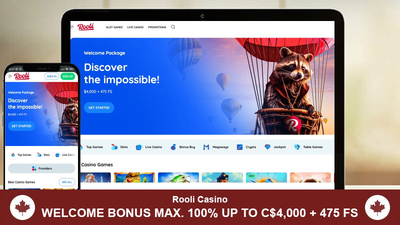 Rooli Casino landing page for both mobile and desktop users