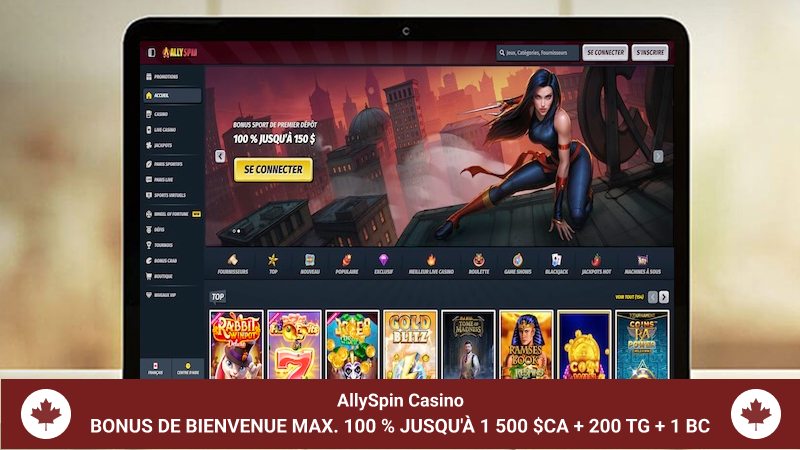 La page d'accueil d'AllySpin Casino visible sur un ordinateur portable.