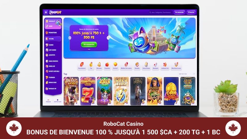 La page d'accueil du Casino RoboCat sur un ordinateur portable.