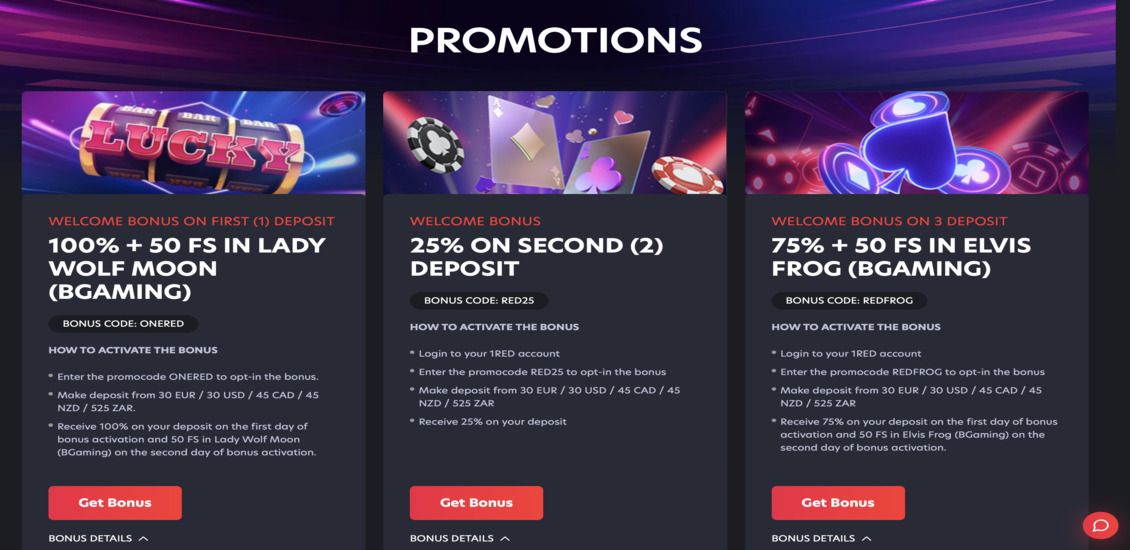1Red casino bonuses and promotions