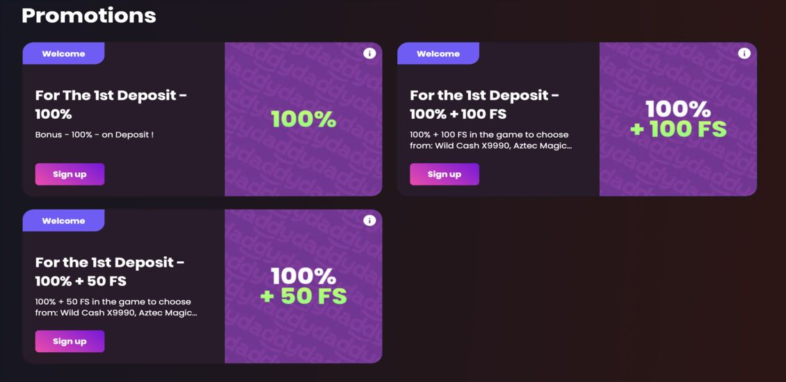 Daddy Casino bonuses and promotions