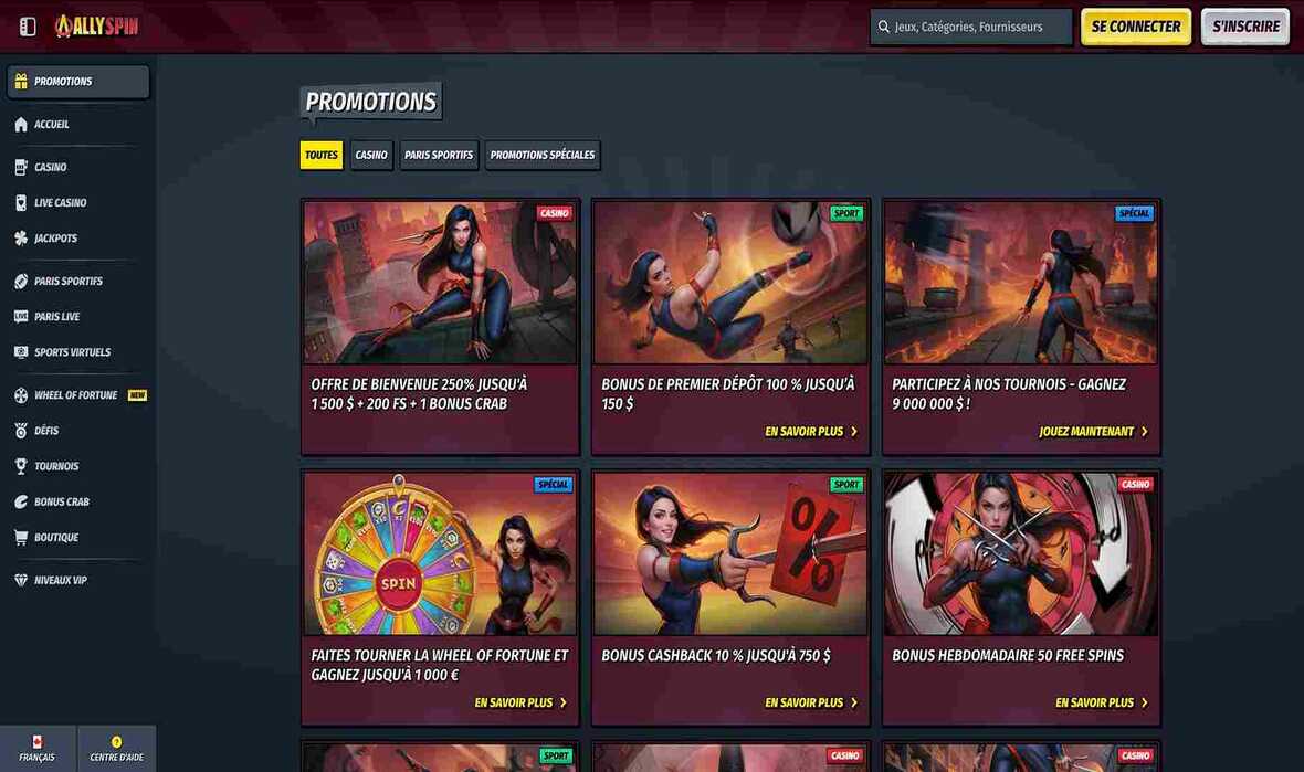 Page dédiée aux promotions d'AllySpin Casino.