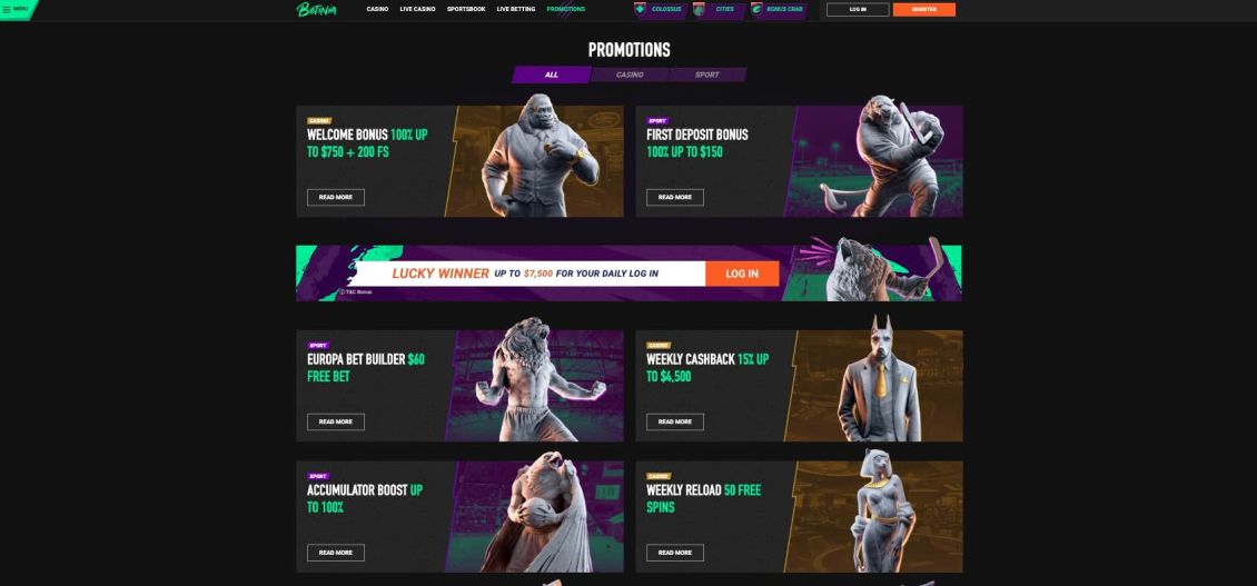 Bonuses page at Betinia Casino site