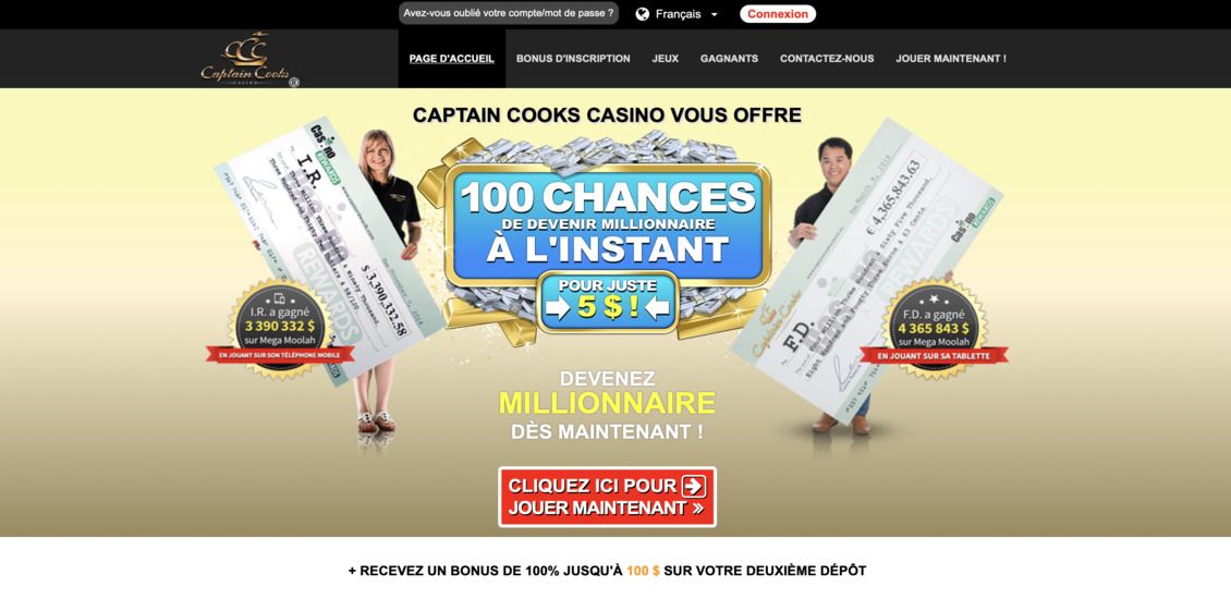 Page d'accueil de Captain Cooks Casino