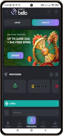 Mobile screenshot of the main Casinobello page.