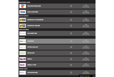 Overview of payment methods offered by Energy Casino