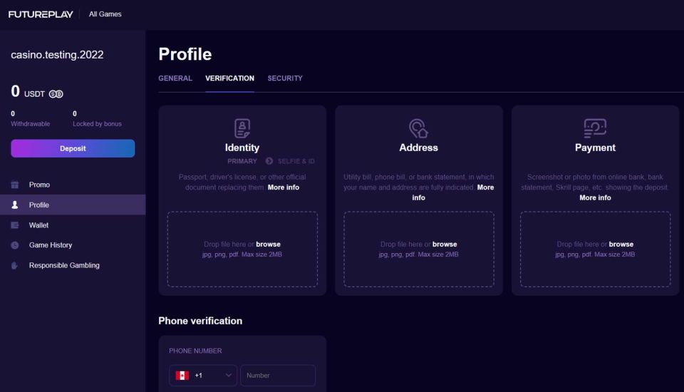 Post-registration, we evaluated all aspects related to real money transactions at FuturePlay. It took just a few minutes to reach the payments section in our account and make our first deposit. The currency selected during registration is set as the default, although you can add additional wallets. Available deposit methods include USDT, BTC, BCH, ETH, LTC, DOGE, XRP, ADA, and BNB.