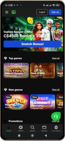 Captured image of the main page of GJ Casino on mobile