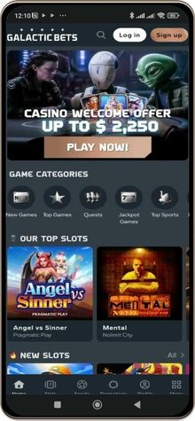 Mobile screenshot showcasing the main page of GalacticBets Casino