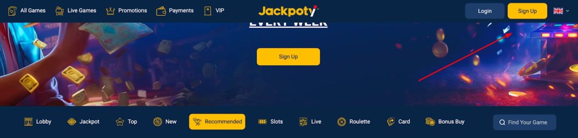 Jackpoty - registration process step 1