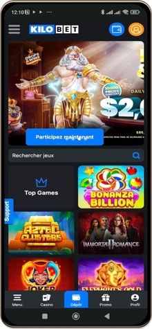 Capture d'écran de l'interface mobile du Kilobet Casino.
