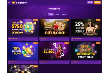 Promotions and bonuses available at Kingmaker Casino.
