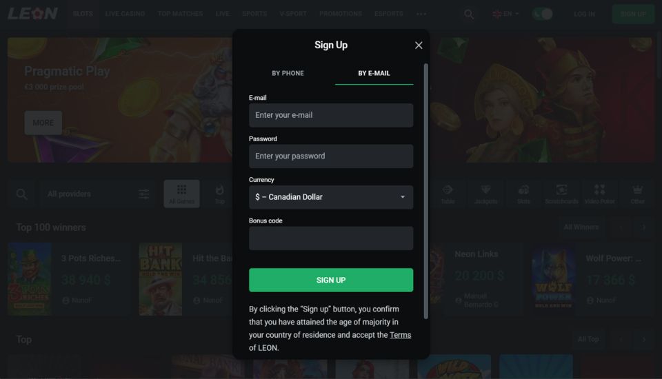 Leon casino - second step of the registration process