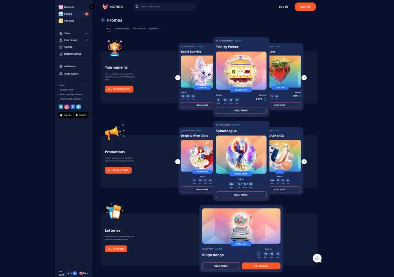 bonuses and promotions section at Monro Casino