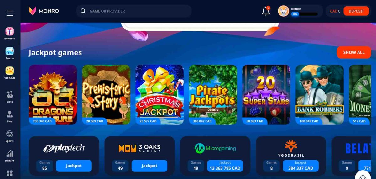 Upon accessing the official website of Monro Casino, our goal was to evaluate the casino's theme, layout, and more.