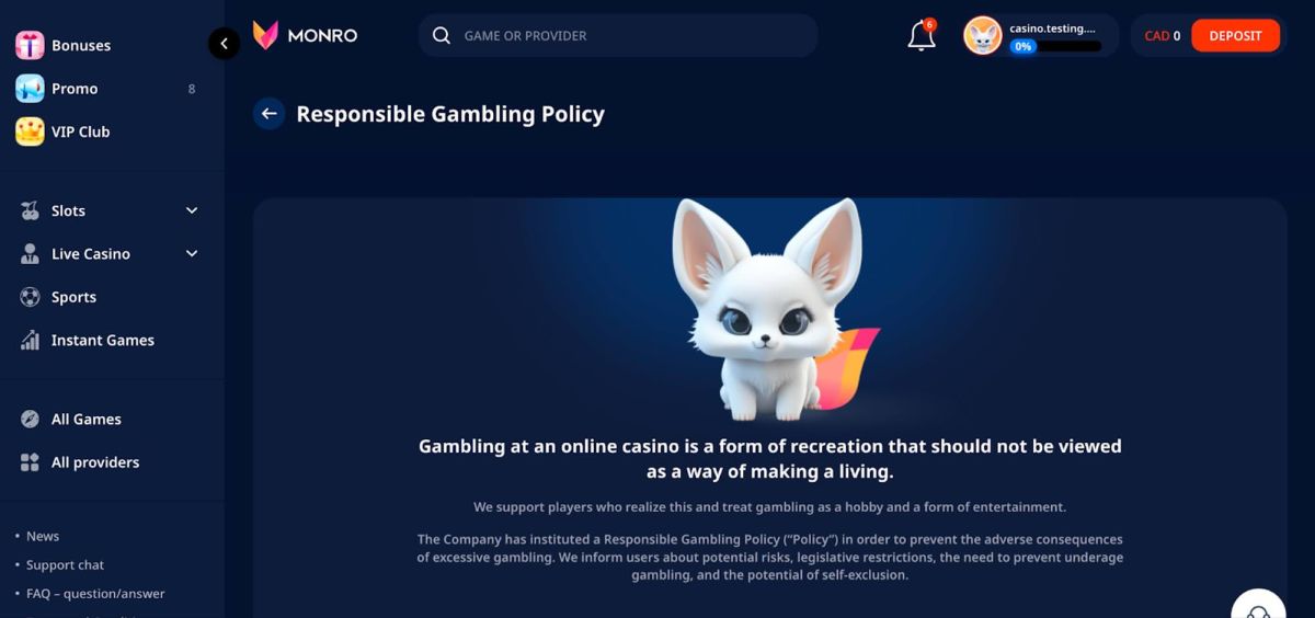 responsible gaming page at Monro Casino