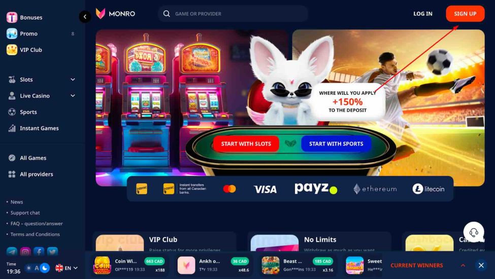 Monro Casino - Step 1 of the Registration Process