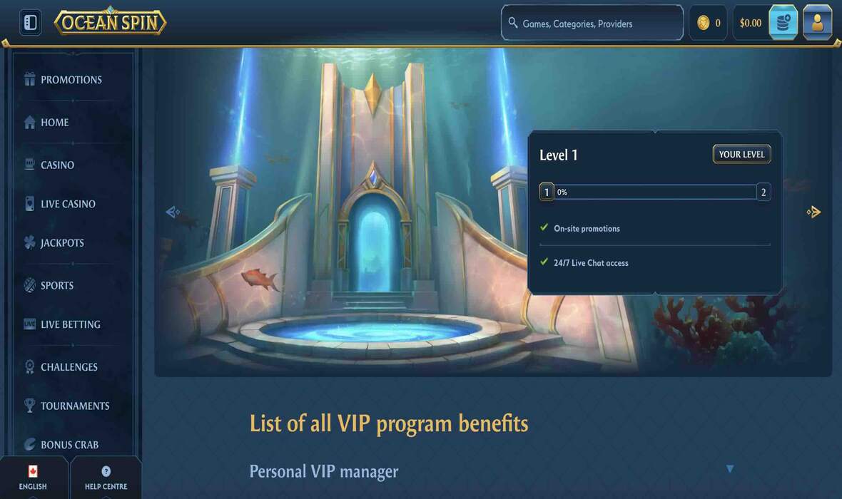 Oceanspin Casino vip page