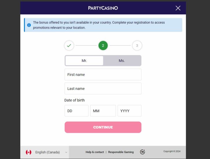party casino registration process step 3