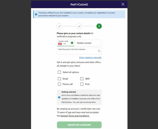 party casino registration process step 4