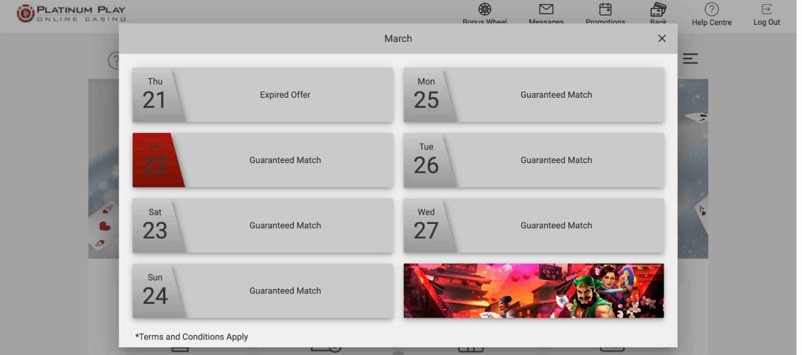 Platinum Play Casino features a tournament section showcasing significant events with enticing prizes or bonuses. For instance, there is an ongoing Treasures of Lion City tournament offering a prize pool of C$800.