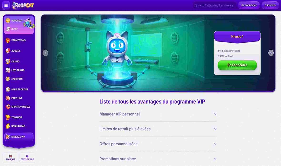 Page de programmation VIP du casino RoboCat