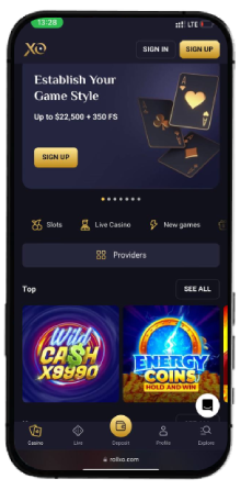 RollXO Casino's homepage displayed on a mobile device