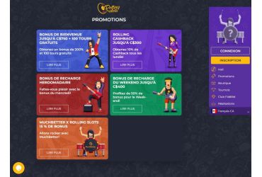 Page des promotions sur le site Rolling Slots