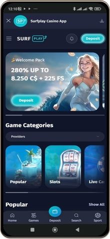 A mobile snapshot showcasing the Surfplay Casino.