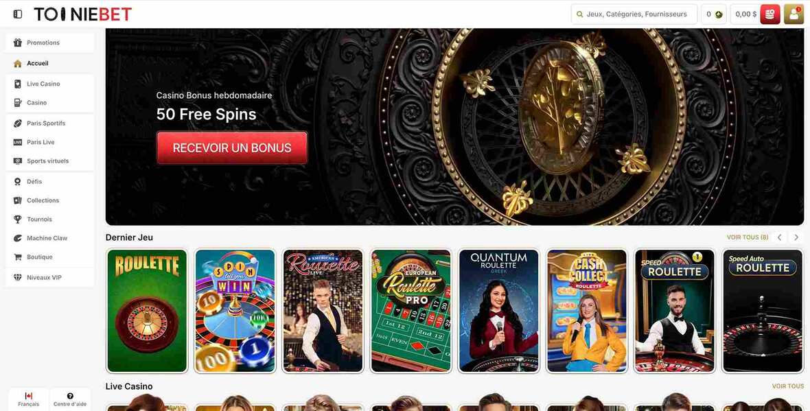 Page principale du casino Tooniebet