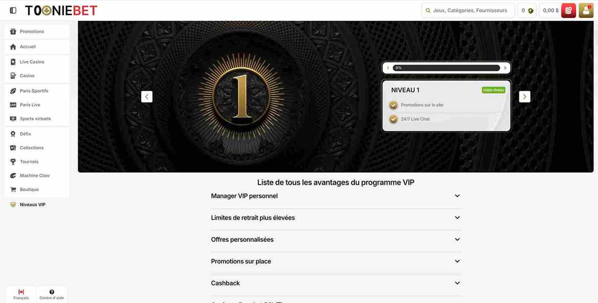 Page des programmes VIP de Tooniebet