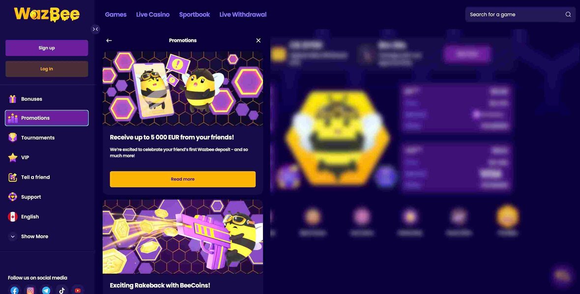 WazBee casino promotions page