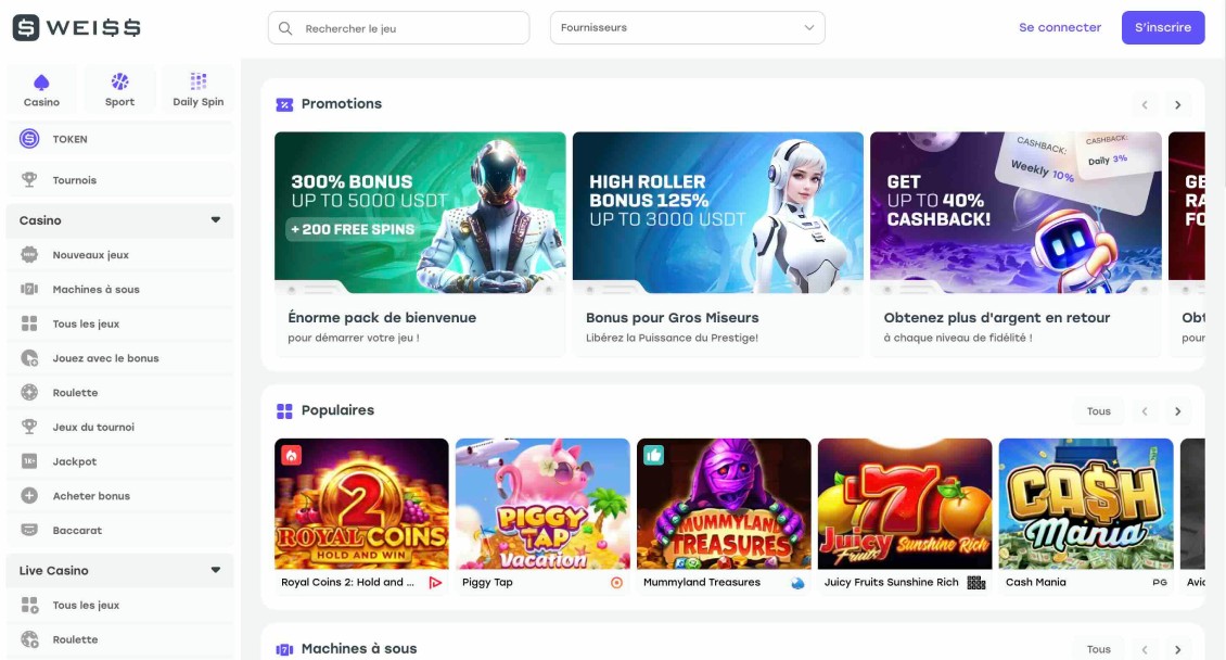 Aperçu de la page d'accueil de Weiss Casino.