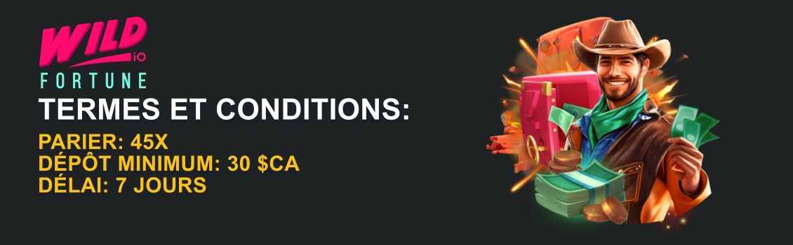 Les conditions générales du casino Wild Fortune sincères et précises : période de validité, montant minimum de dépôt, exigences de mise et limites de gains à respecter. Voici un aperçu des éléments à prendre en compte pour le bonus de bienvenue :