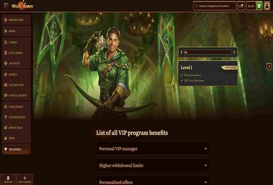 Wild Robin casino vip page