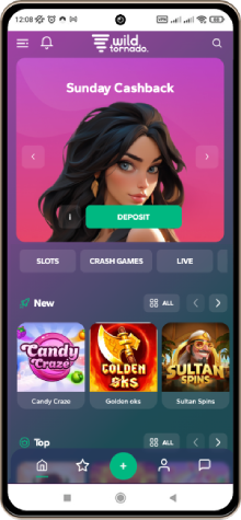 Mobile interface screenshot of the Wild Tornado Casino home page