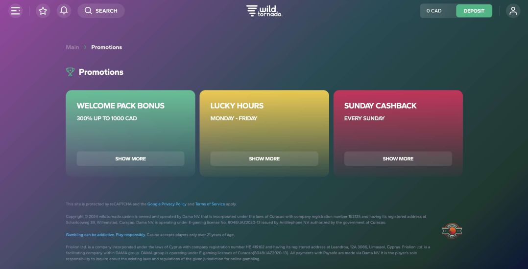 Promotion page screenshot of Wild Tornado Casino