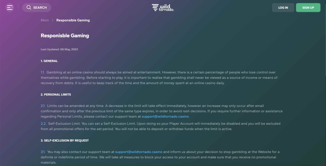 Screenshot of Wild Tornado Casino's responsible gaming information