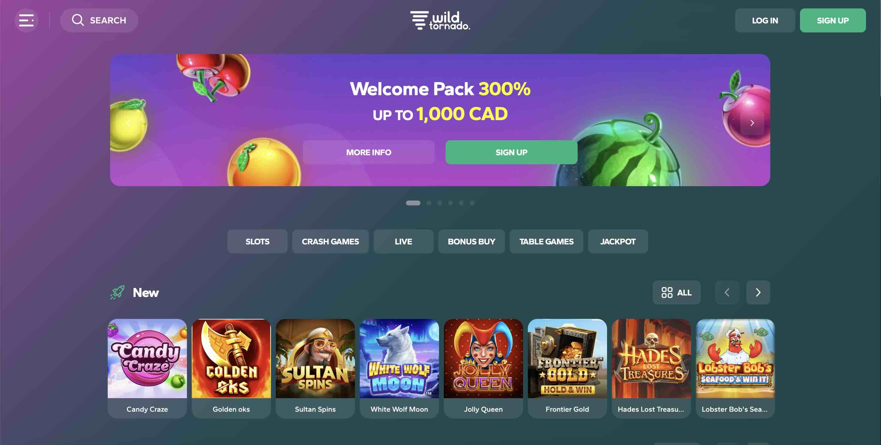 Main page screenshot of Wild Tornado Casino