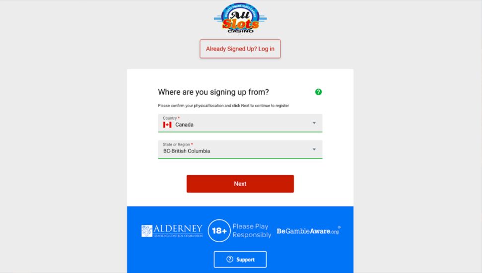 All Slots casino - registration step 2